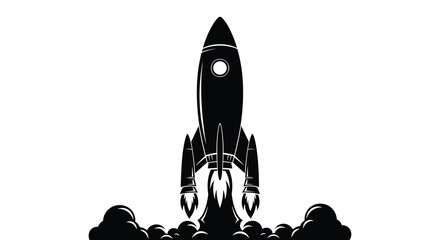 A striking black and white illustration depicts a retro style rocket ascending with a trail of smoke and fire symbolizing space exploration © ArtBySalea07