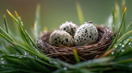 Obraz premium Bird nest on grass with droplets magnifying eggs and shapes