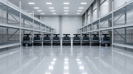 Fototapeta premium Symmetric Hero Composition of Multiple Compact Sorting Robots in Warehouse