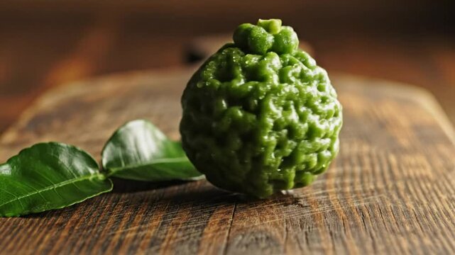 Close-up of a kaffir lime and leaves on a rustic wooden cutting board with nature background
