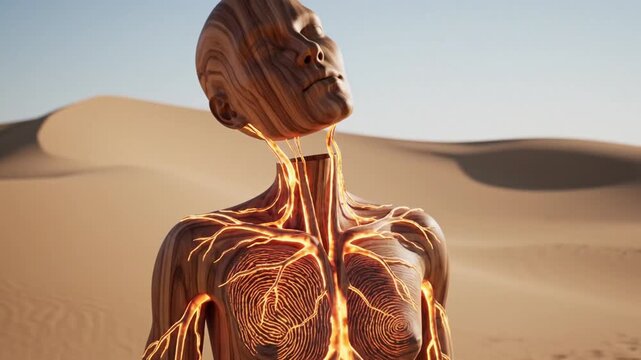 Surreal Human Figure in Desert Landscape with Glowing Veins, Artistic Concept.