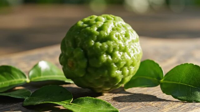 Closeup of a fresh green kaffir lime and leaves displayed on a wooden surface in sunlight.