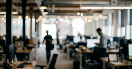 Obraz premium Modern workplace interior with blurred employees interacting and moving through an open office layout filled with desks, monitors, and warm lighting. Suitable for corporate lifestyle visuals.