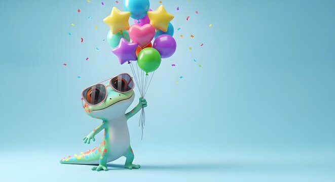 A cartoon gecko character holding colorful balloons on a light blue background with a joyful expression