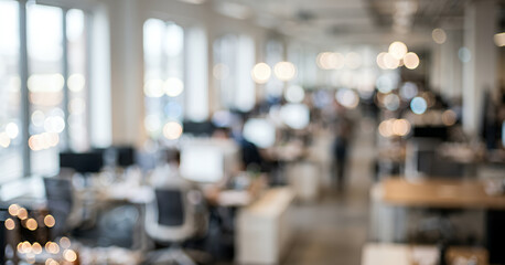 Obraz premium Blurred open office workspace filled with desks, computers, and soft glowing pendant lights while silhouettes of employees move through a modern collaborative environment with shallow depth of field.