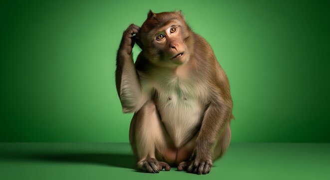 Confused monkey sitting on a green background.