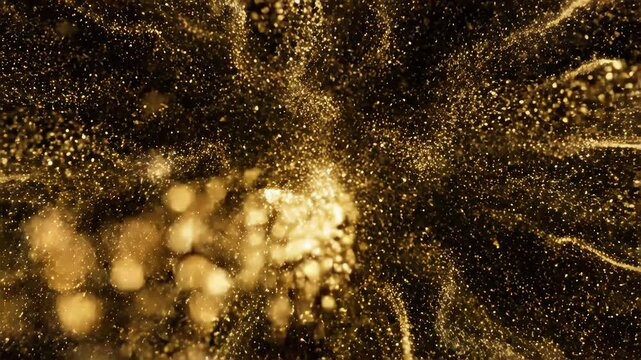 Gold Particle Trail Abstract Glitter Explosion on Black Background Video.