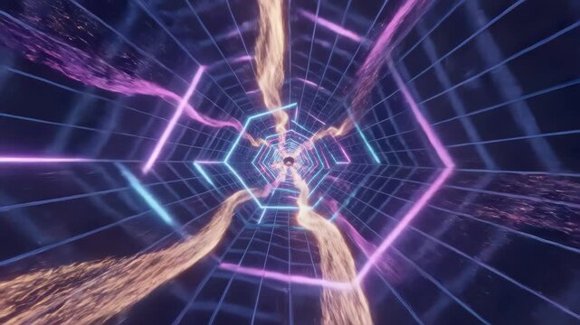 A 3d dynamic VJ loop illustration of a futuristic neon infinity tunnel with glowing particles - suitable for the music visual presentation