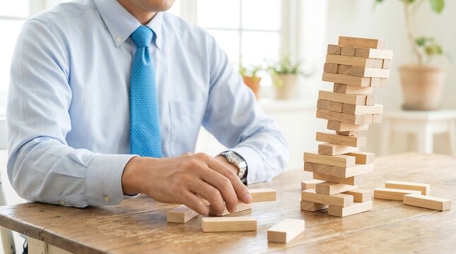 Businessman carefully playing Jenga, symbolizing risk management and strategic decision-making.