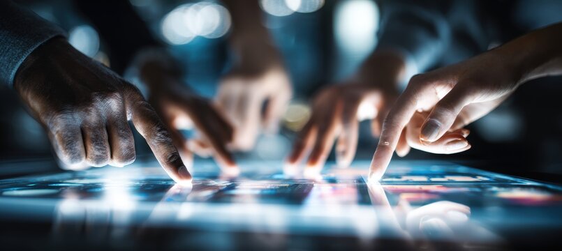 Diverse Hands Placing Transparent Data Tablets Together Over Illuminated Table Symbolizing Coordinat