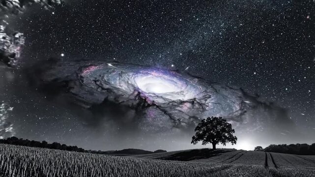 Epic landscape view of a galaxy with the starry night sky featuring a lone tree in a grayscale scene