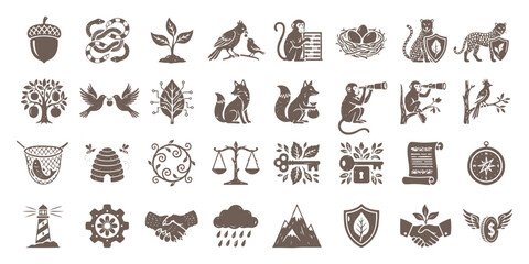 Comprehensive fintech with nature theme concept flat silhouette vector icon pack featuring animals exploration business elements for modern graphic design illustration © Rusa