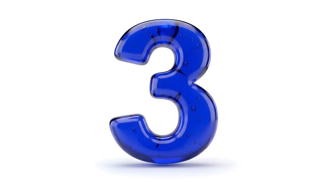 3D blue metallic number three isolated on white background glossy reflection