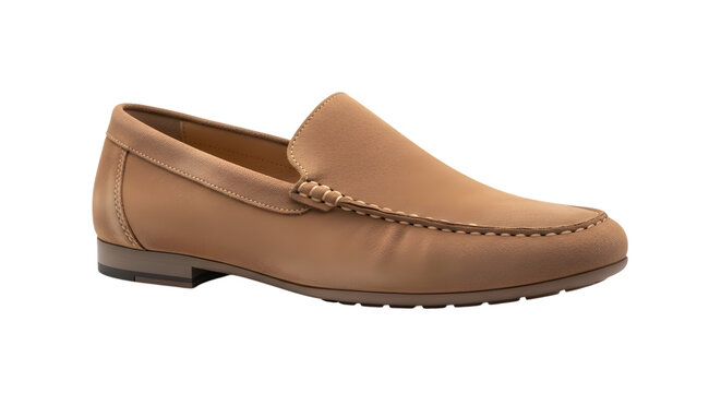 Brown leather slip-on loafer shoe with stitched detail isolated on transparent background