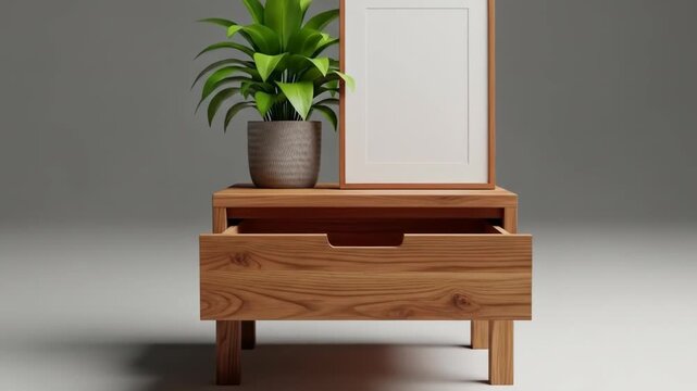 A wooden side table with a potted plant and a picture frame on top