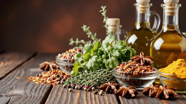 Aromatic spices and oils arranged on a wooden surface