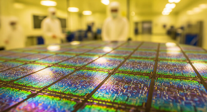 High purity silicon wafer handled by a vacuum suction tool in a semiconductor fab during production process