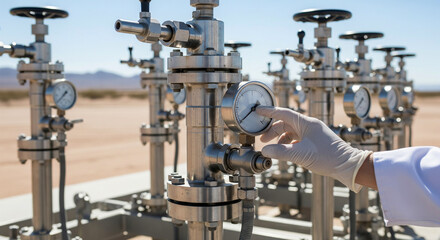 Scientist checks pressure gauge while making adjustments on equipment in outdoor research setting near desert landscape