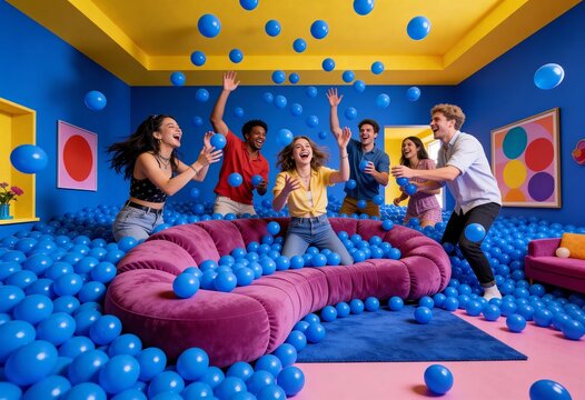 Diverse young adults having fun in blue ball pit