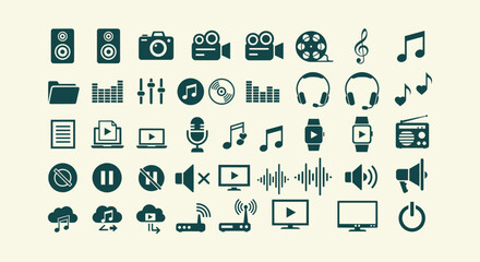 Multimedia Icon Collection Set with Audio Video Music Technology and Device Symbols Vector Graphics
