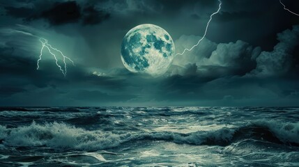 Dramatic seascape with full moon and lightning during a night storm