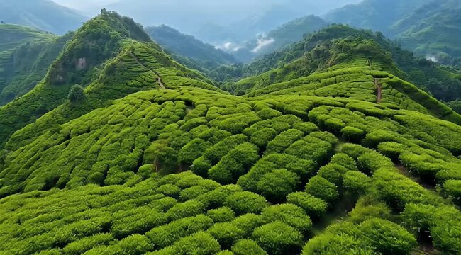 Lush green tea plantations cascade down misty, rolling hillsides