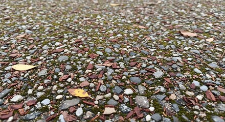 Close-up of a Textured Ground Surface with Pebbles and Fallen Leaves.