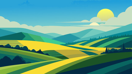 Obraz premium Landscape view of rolling hills and sun sky