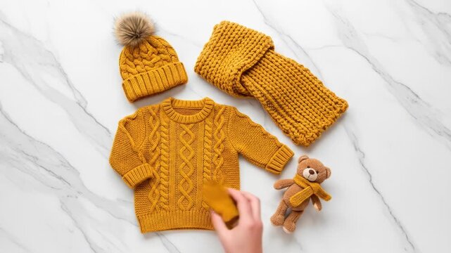 A person's hand arranging a set of warm, knitted winter clothing and accessories in a matching golden-brown color on a white marble surface