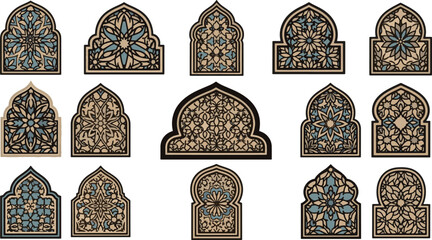 Set of luxury Islamic window frames with traditional Arabic floral and geometric patterns for Ramadan decoration. © MAHDIHASAN