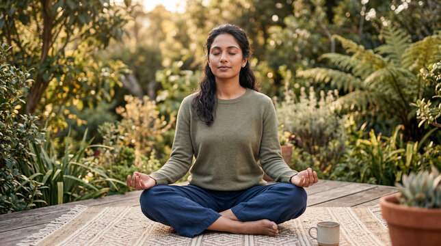 Young South Asian woman meditating in lotus position on a wooden deck surrounded by lush garden