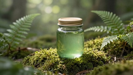 Glass jar with green liquid on moss with ferns in the background in the forest  natural setting