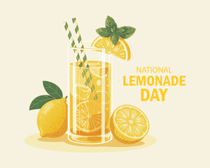 National Lemonade Day vector. Glass of lemonade with lemons and mint leaf icon. Glass with fresh ice summer drink vector. Lemonade Day Poster,. Important day © MD ABDUL MATIN