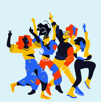 Four stylized figures in dynamic dance poses; bold contrasting colors. Geometric patterns on clothing; a light blue background that makes the colors pop.