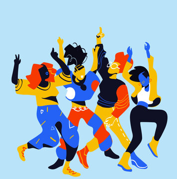 Four stylized figures in dynamic dance poses; bold contrasting colors. Geometric patterns on clothing; a light blue background that makes the colors pop.