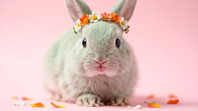 Cute white baby bunny rabbit sitting on pink background with soft lighting