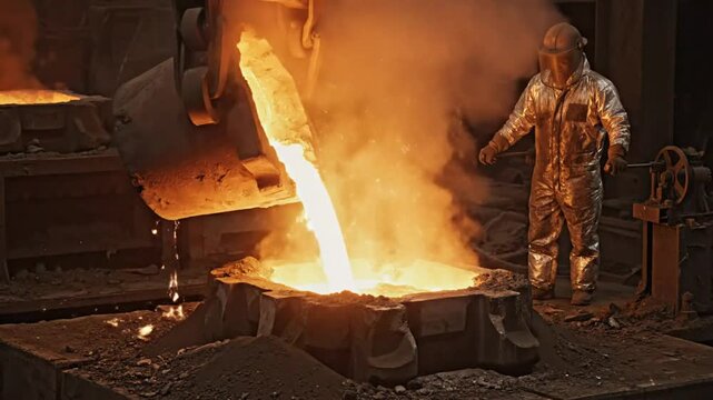 Pouring Molten Metal From a Crucible Into a Mold With a Worker Wearing Protective Gear in a Foundry