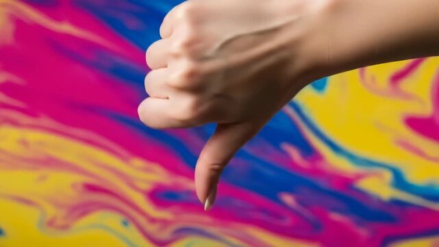 A fair-skinned arm extends from the right, forming a thumbs down against a vibrant background of swirling pink, blue, and yellow hues