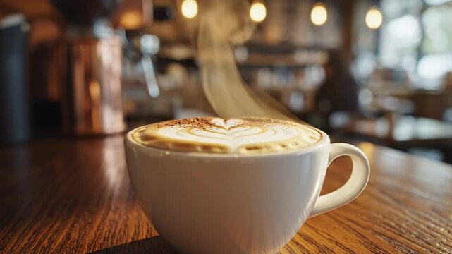 Steaming cappuccino with latte art in a white cup on a wooden table inside a cozy coffee shop with bokeh background.