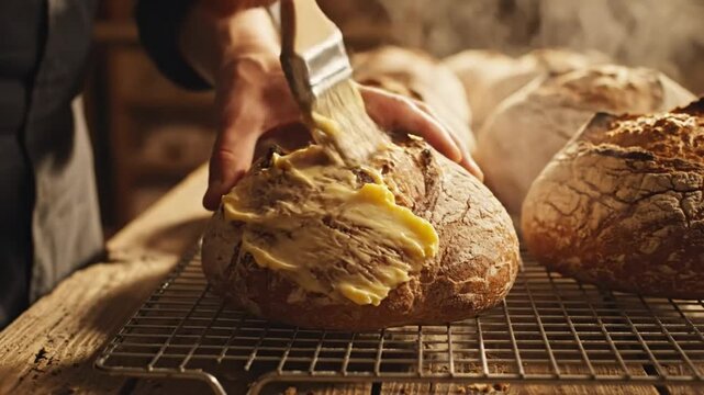 Close-up of a baker buttering freshly baked, crusty artisanal bread loaf on cooling rack