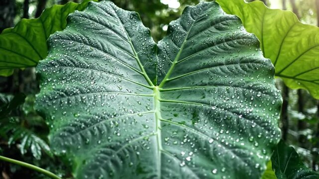Raindrops Covering Lush Green Elephant Ear Plant Leaves in a Tropical Forest Environment