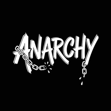Anarchy text with broken chain graphic on black background.