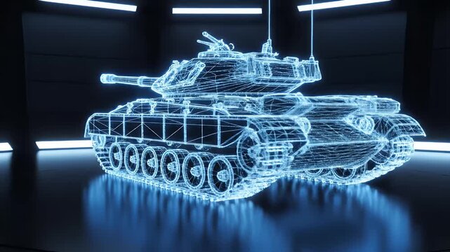 Blue wireframe tank outline glows on a dark reflective surface