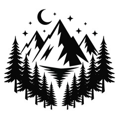 Obraz premium Black silhouette of pine trees and mountains under a crescent moon and stars