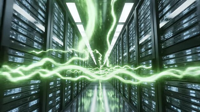 Glowing green energy arcs through a dark, modern data center with rows of servers