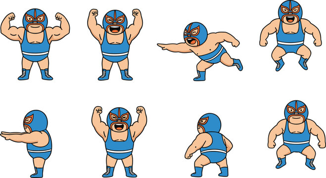Cartoon luchador wrestler in dynamic poses with mask and costume for playful character design and children&rsquo;s projects
