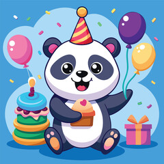 Fototapeta premium Cute Birthday Panda with Balloons Cake and Gift Cartoon Vector Illustration