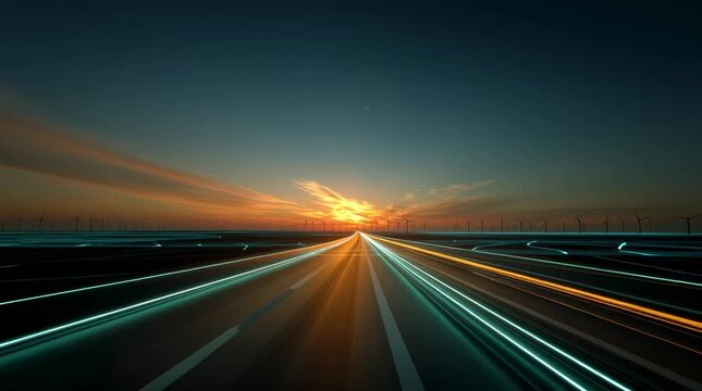 Empty modern highway stretching horizon during golden sunset no cars, warm orange sky blending deep twilight blue flowing luminous green electric blue energy ribbons along road lines renewable energy