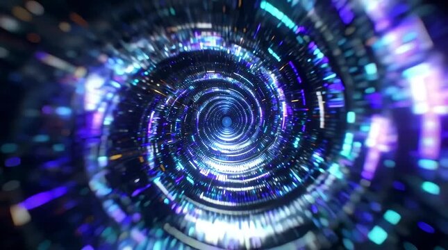 Spiraling quantum singularity made floating holographic data particles, fragmented UI grids glowing neural filaments, forming a collapsing event horizon, camera accelerating inward rapidly, extreme
