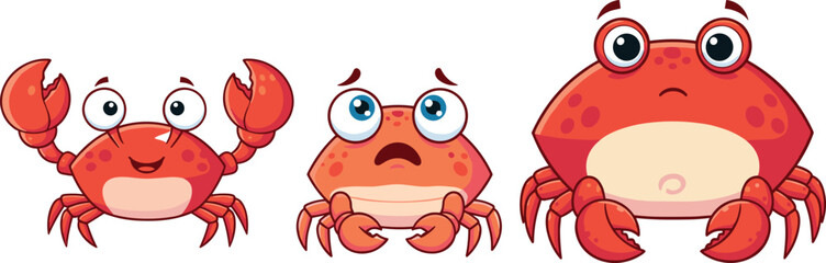 Collection of three cute red cartoon crabs with different facial expressions and poses isolated on a white background. © Atik